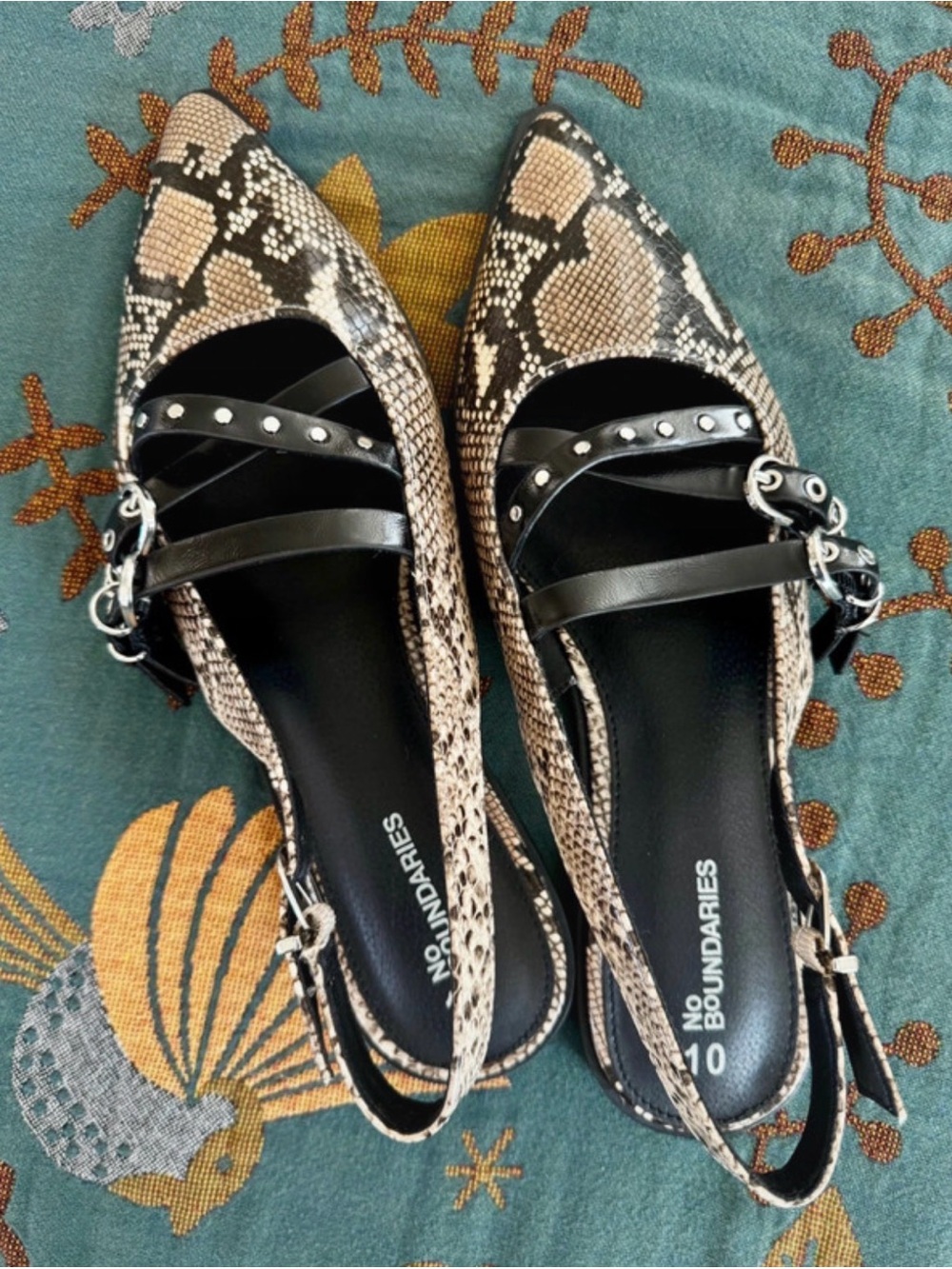 No Boundaries Black and Beige Snake-Print Pointed Slingback Flats
